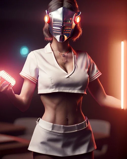 waitress woman with muppet head helmet mask, skin body and arms, concept art, retro style, smooth, unreal engine 5, god lights, ray tracing, RTX, lumen lighting, ultra detail, volumetric lighting, 3d.