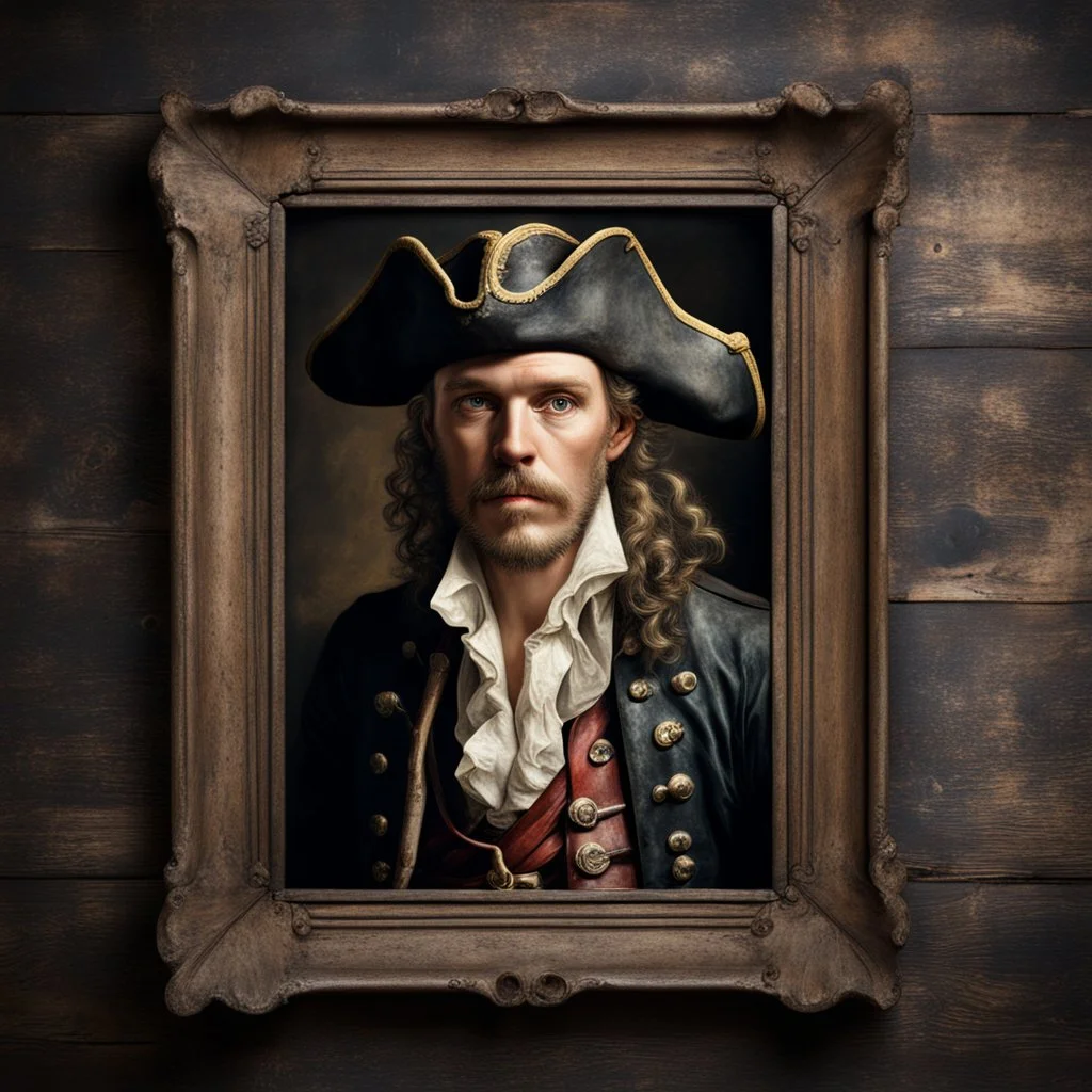 Hyper Realistic vintage frame portrait of Henry Avery Pirate on a rustic dark wall