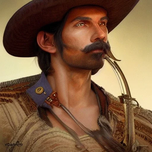 portrait,"Insanely detailed photograph of a male western mustachioed crossbowman", charo detailed, sequenced Sombrero, detailed held dagger, digital painting, artstation, concept art, smooth, sharp focus, illustration, art by artgerm and greg rutkowski and alphonse mucha, 8 k,fantasy, unreal engine