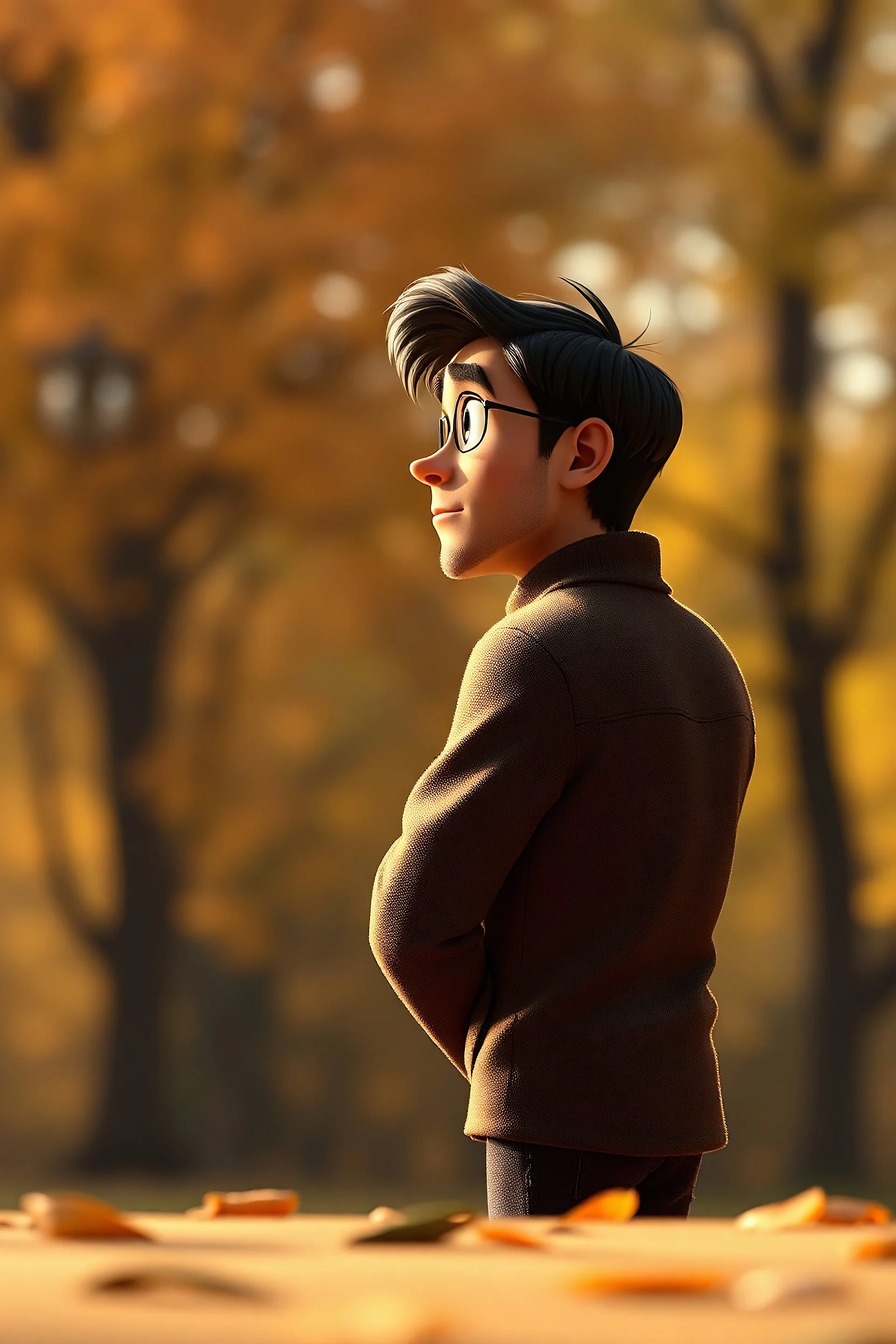 Create a Disney Pixar style medium shot of the narrator leaning back in thought, gazing at the man with a look of realization. The narrator is placed on the right side of the frame. The point of view is from the man’s perspective, and the lighting should be warm and soft. The mood is thoughtful and introspective. Ensure the background shows blurred autumn-colored trees.
