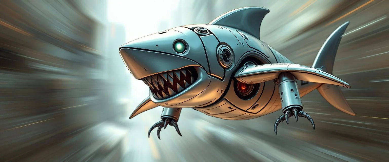 blind contour robot shark bat with no teeth, like space ship fighter jet massage master guru fast moving motion blur background