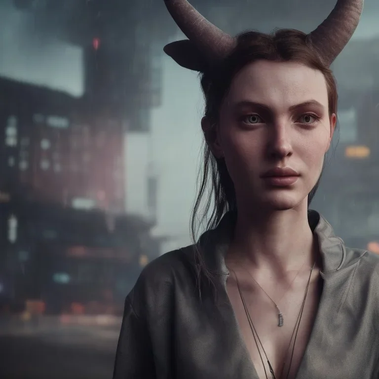 a moody medium-close-up shot of an attractive long-horned woman on a cyberpunk city sidewalk, high-resolution