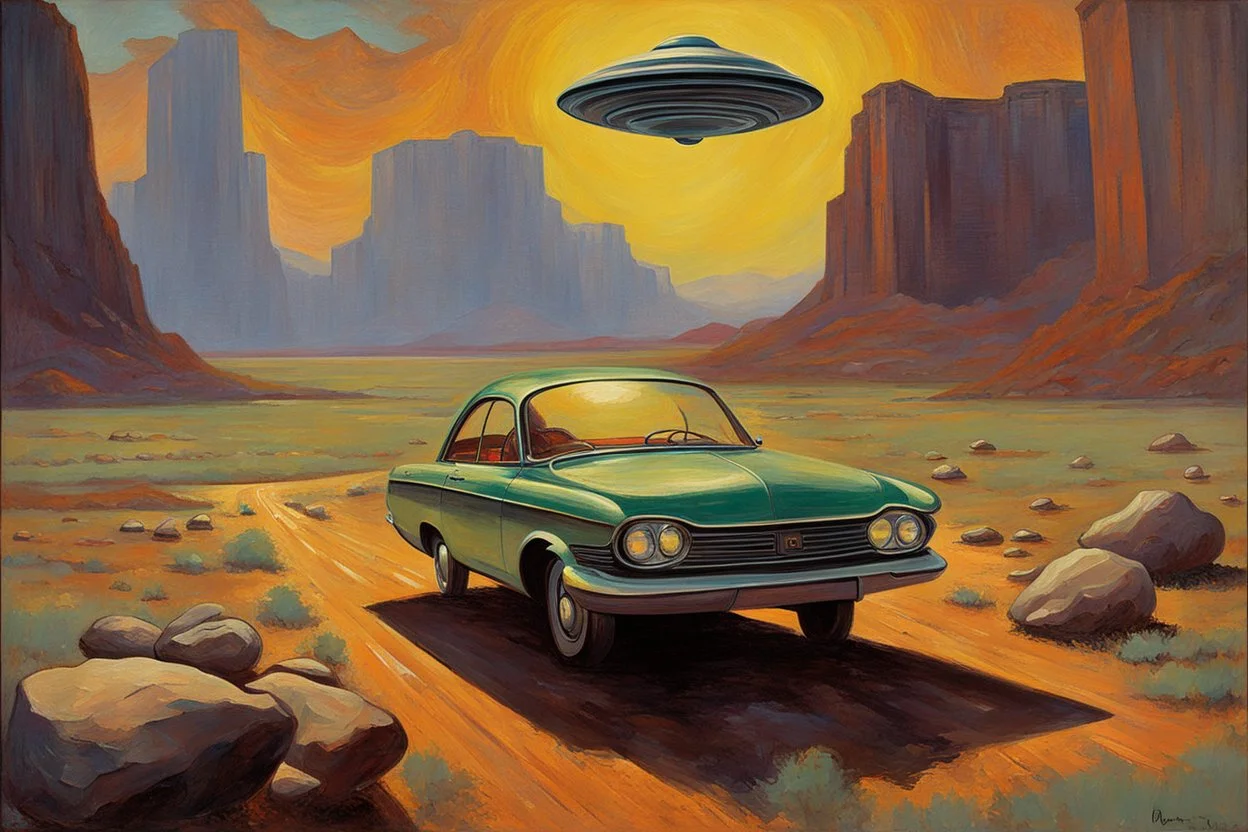 retrofuturism landscape with ufo in the sky, mountains, cars, rocks, henry luyten and ludwig dettman impressionism paintings