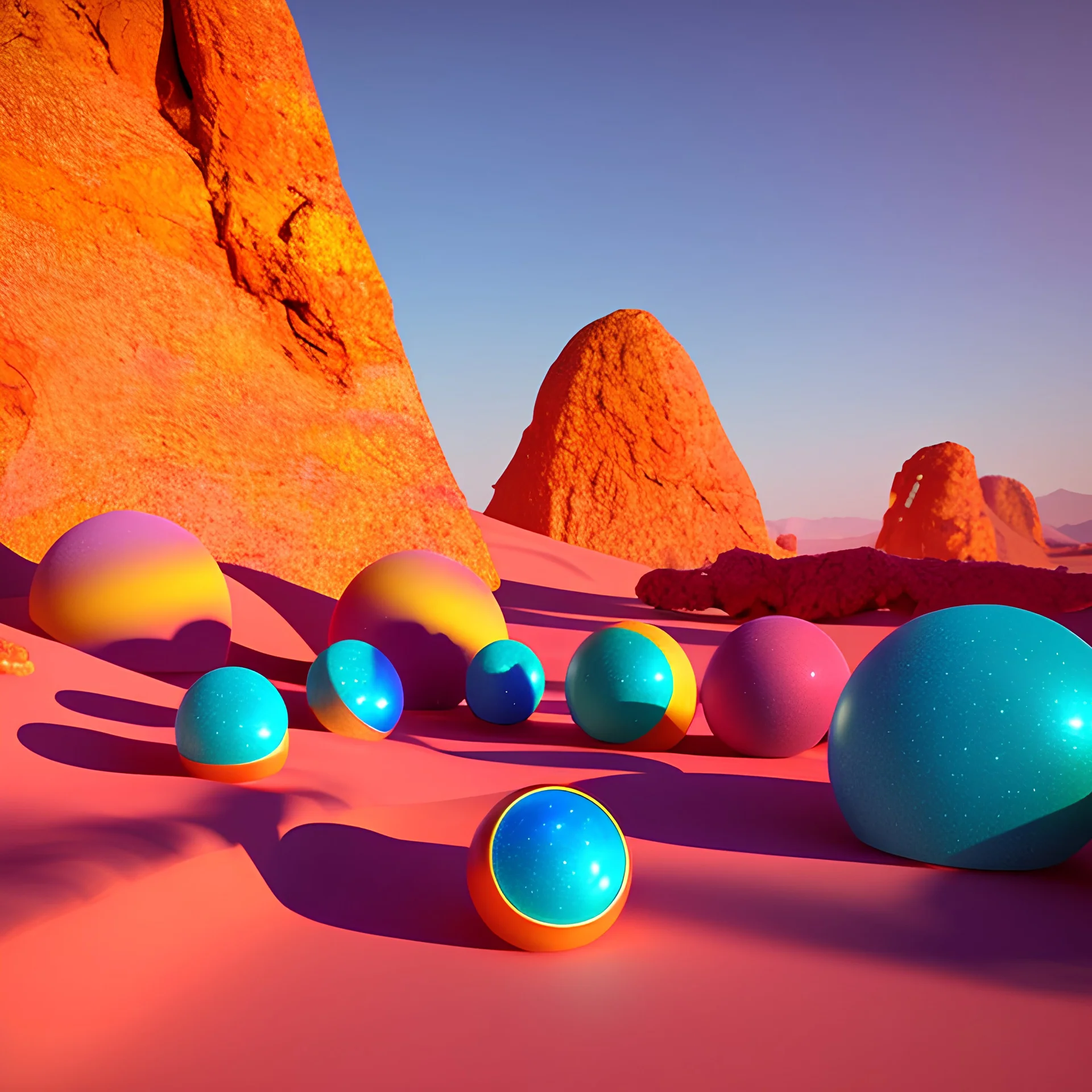 Bright, glittering, 3d, plastic-like, surreal objects in a bright environment, desert, noon light