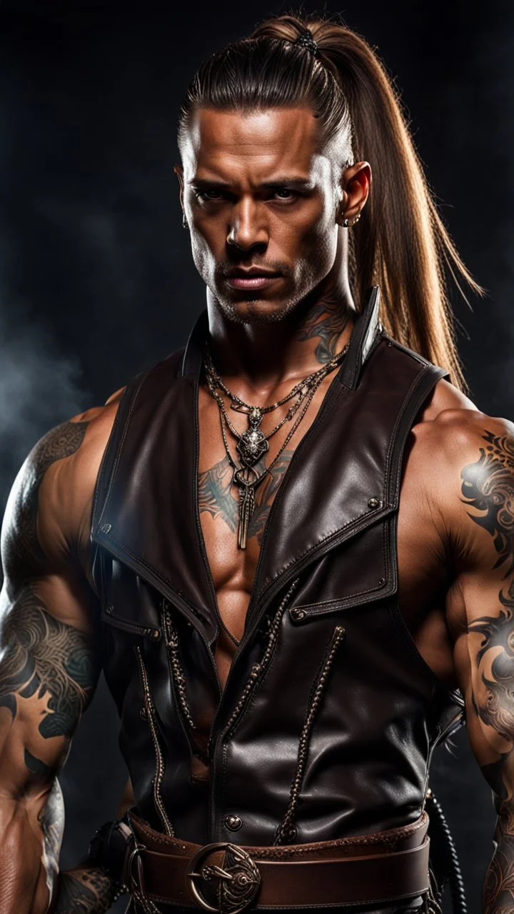 portrait of a 35 year old Handsome muscular male with dark bronze skin adorned with tattoos. His long light brown hair is tied back in a pony tail. He's wearing a leather vest and has a dagger which hangs from his belt. Dark fantasy. Hyperrealistic