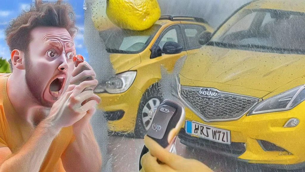 guy in hurricane arguing on phone next to his kia sportage made out of lemons