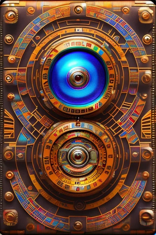 futuristic pinhole camera in Kente, rusted clocks lens, cinematic, scaffolding, african pattern symbols, engraved, 8k quality