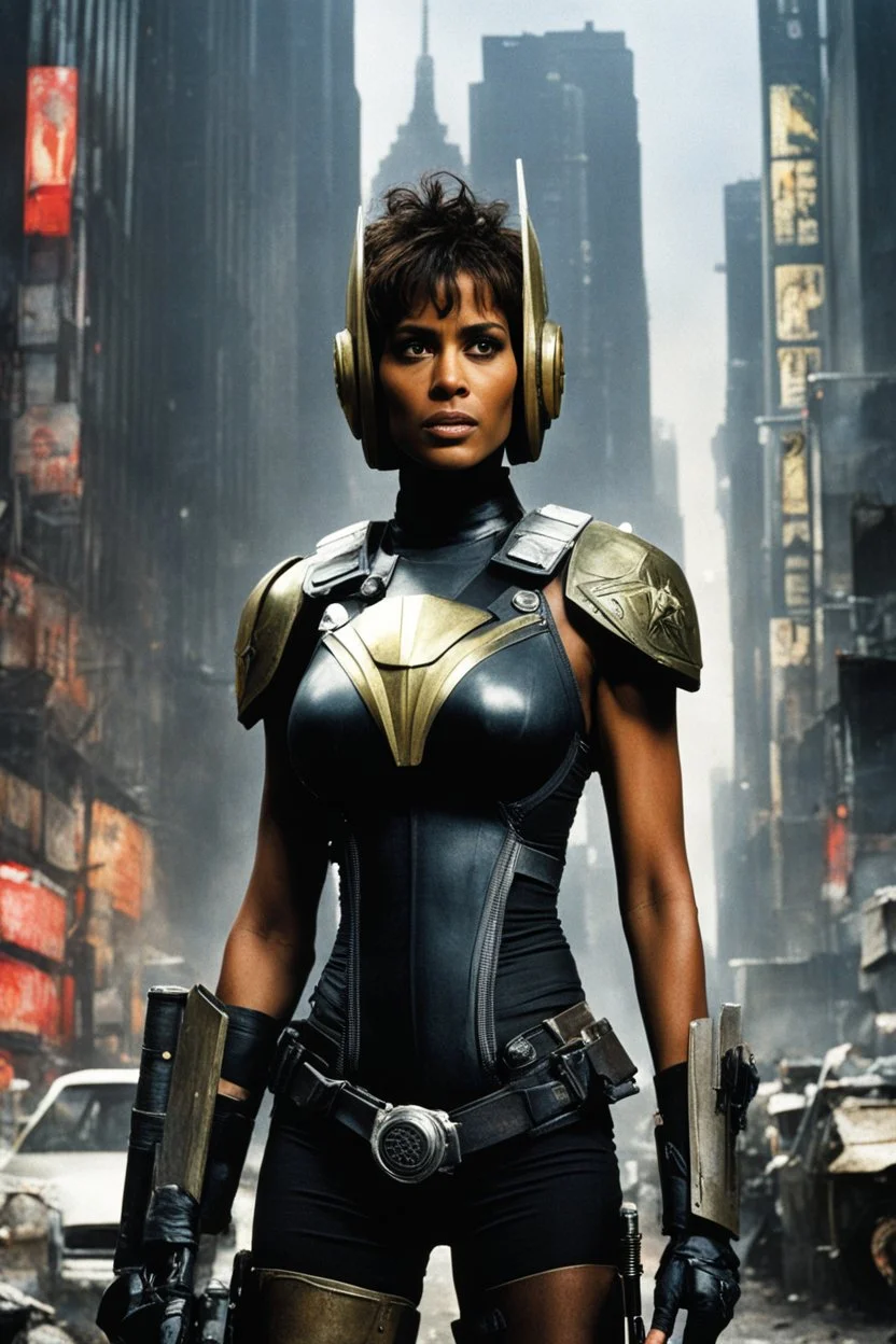 [2000 AD (1977)] The streets of Mega City One were alive with the constant hum of activity, but in the midst of the chaos, a figure stood tall and resolute. Halle Berry, part of the judges' team, commanded attention as she surveyed the sprawling metropolis. The helmet, a symbol of authority and unwavering justice, rested firmly on Berry's head, obscuring her features but amplifying the aura of power that surrounded her. The citizens of Mega City One couldn't help but be drawn to her presence, in