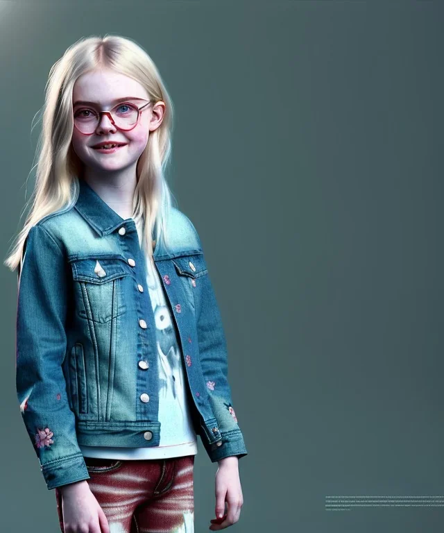 Elle fanning toddler, full body, city background, tatoo denim jacket, floral shirt, dramatic lighting