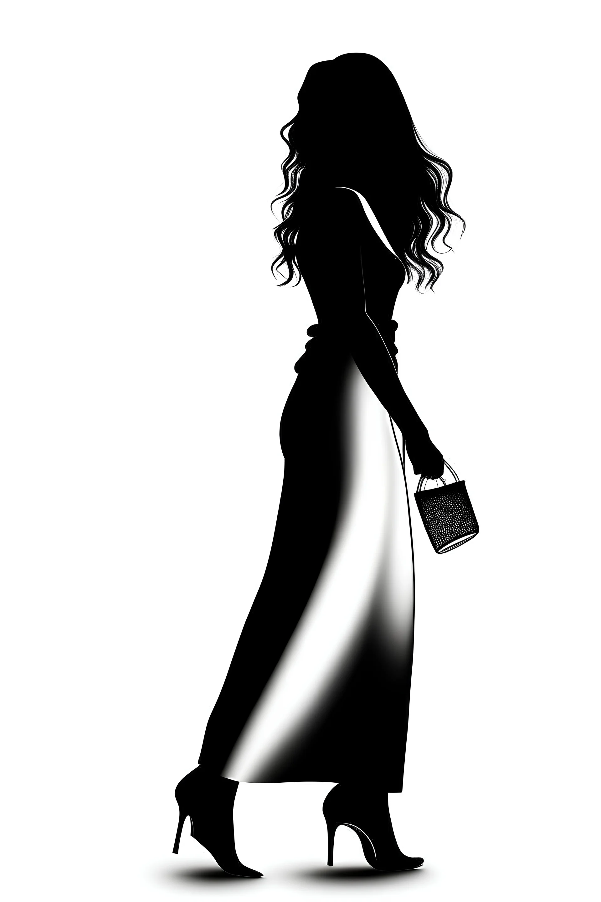 silhouette of a woman shopping, view from the back, she has a smile on her face, long hair, long shoes, white background, she is wearing a luxurious dress