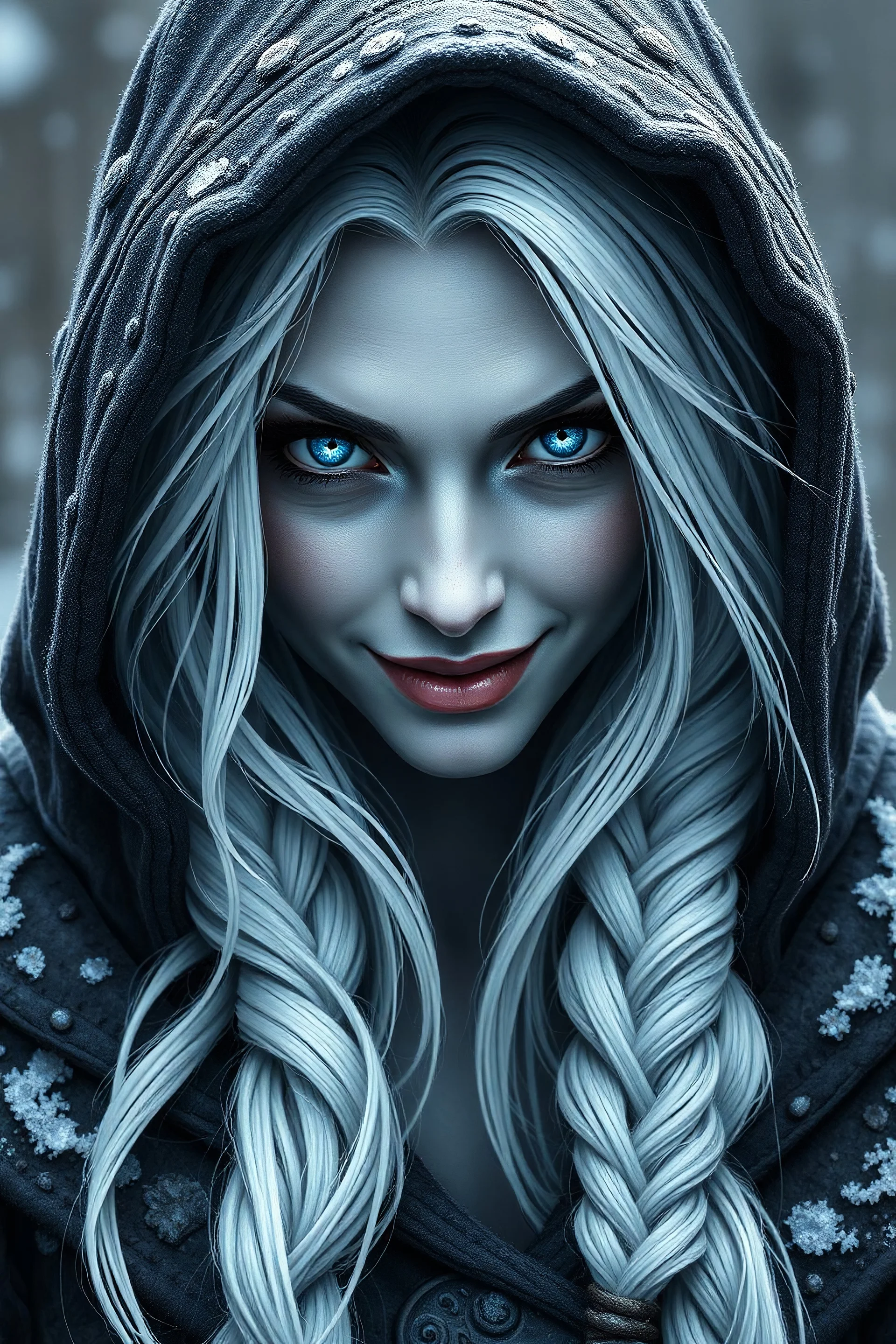 Female woman human, wild druid, white hair, gray skin, blue ice eyes, dungeons and dragons, shadow hooded mean evil mad braid, very evil smile