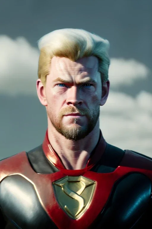 retro portrait image from 1960, sky background, wind, extra long blonde hair, fighting stance, young Chris Hemsworth, clean shave face, black dress, classic long tight lycra black suit, red cap, platinum lycra with scales on the arms, gold bracelet and belt, high boots, soft color, highly detailed, unreal engine 5, ray tracing, RTX, lumen lighting, ultra detail, volumetric lighting, 3d, finely drawn, high definition, high resolution.