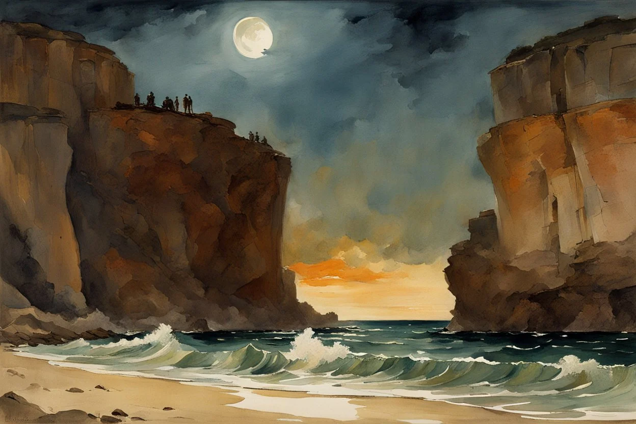 Night, rocks, cliffs, sci-fi, distant mountains, sea, waves, sand, seashore, epic, fantasy, winslow homer watercolor paintings