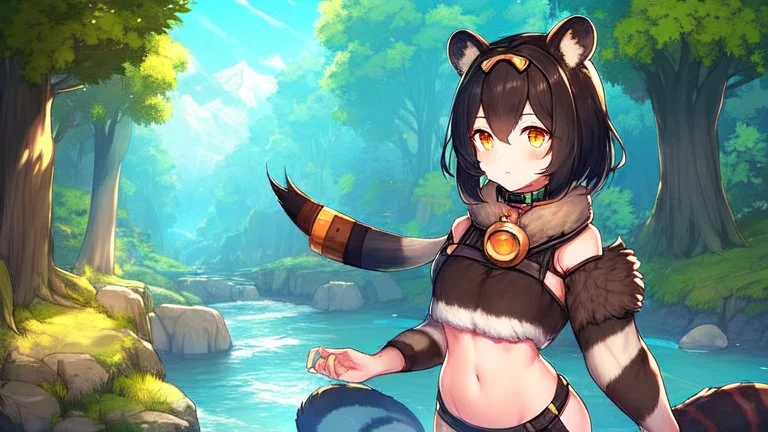 Girl, open navel, black hair, orange eyes, forest, river, small house by river, collar on neck, raccoon ears, raccoon tail, raccoon muzzle on face.