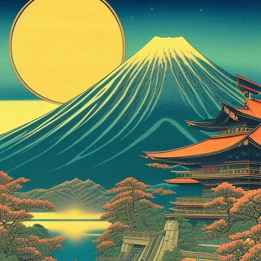 Ukiyo-e Style , mount fuji, sun