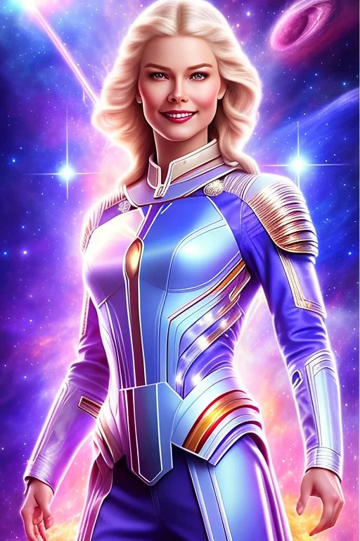 cosmic woman smile, admiral from the future, one fine whole face, crystalline skin, expressive blue eyes,rainbow, smiling lips, very nice smile, costume pleiadian, Beautiful tall woman pleiadian Galactic commander, ship, perfect datailed golden galactic suit, high rank, long blond hair, hand whit five perfect detailed finger, amazing big blue eyes, smilling mouth, high drfinition lips, cosmic happiness, bright colors, blue, pink, gold, jewels, realist, high commander