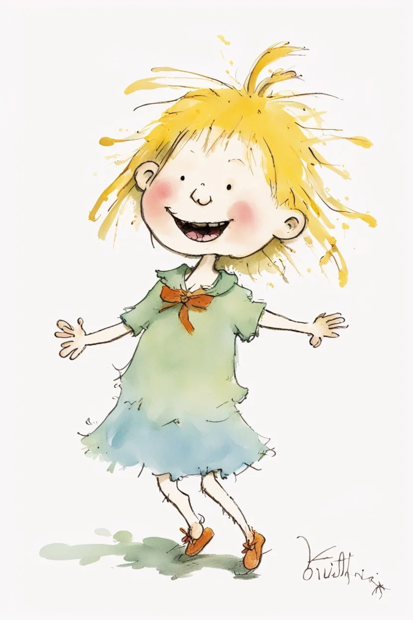 A whimsical colored illustration by Quentin Blake depicting a cute, funny happy 5 year old girl with yellow unkempt hair, wearing tufts of hair high on her head and wearing a bow.