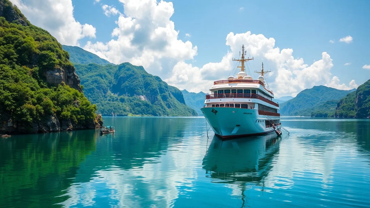 The description should capture the elegance of the ship, the beauty of the surrounding landscape,