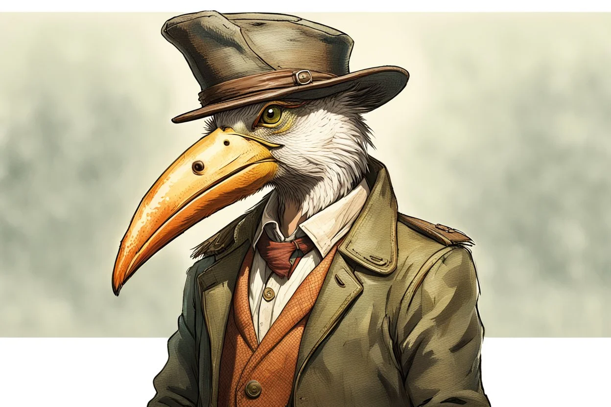 arafed bird wearing a hat and jacket with a long beak, from witcher (2021), portrait photoreal, taking tobacco snuff, trending on artstatio, from the game pathologic 2, 2 0 1 4. modern attire, thomas