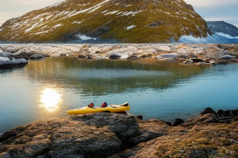 highly detailed glacial lake landscape, sunset, cinematic lighting, 4k, 8k, octane render, popular on 500px, pinterest, extremely detailed, ambient lighting, single frame, small fiberglass yellow solo narrow symmetrical sea kayak on rock pebble beach in foreground, norway, iceland, fjord