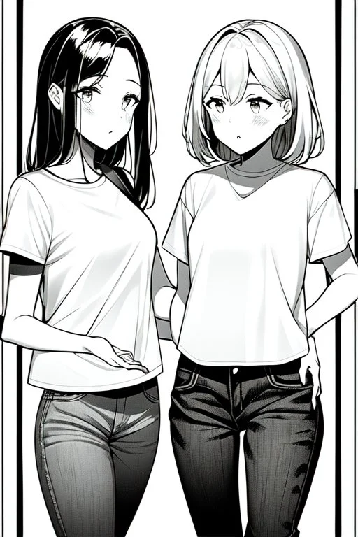 two girls dressed in jeans and a T-shirt walk in the city, line arts, greyscale