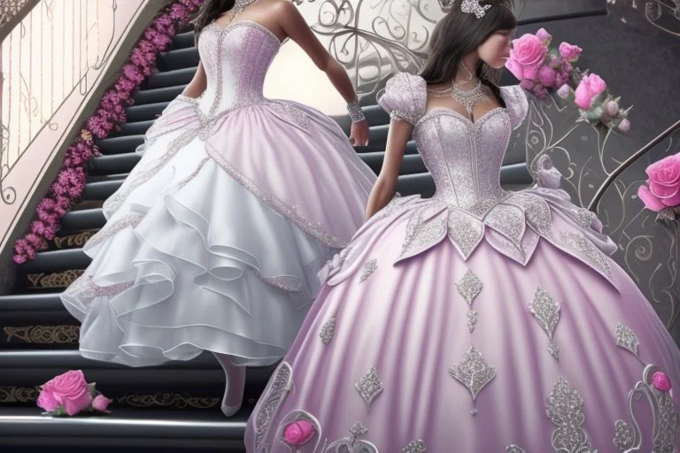 quinceanera bucket glower dresse with royal silvers adorned roses women talking through glass stairs 4k dreamy styled anime style