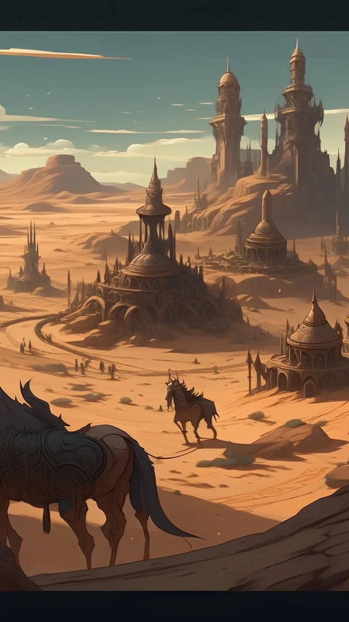 a big and wild horse and wolfs in the forgotten desert in medieval times, in anime style Bosch nightmares