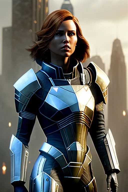 ultrarealistic, ruined city,__mass effect armor__, __angles__, 19 year old woman, strikingly beautiful, ginger hair, silver colour, [__starlets__|__starlets__], (pale __skincolor__ skin:1.2), __camera__, _hair_, detailed face and eyes, medium breasts, leather choker, freckles, dynamic pose, resolved expression, __accessory__, strappy outfit, (straps:1.1), sword in scabard on left hip, (buckles, buttons, snaps, rings:1.0), haltertop style breastplate, detailed eyes, plump lips, sci-fi theme