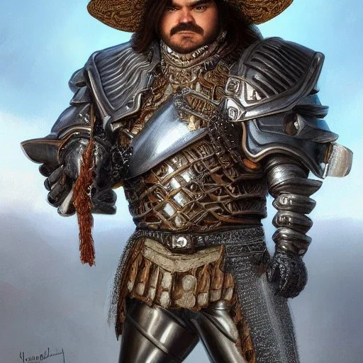 portrait of nacho liebra,"Insanely detailed photograph of an armored mariachi warrior with sword", mullet,jack black,intricate chainmail charo,large Sombrero,elegant, detailed D20 flair, digital painting, artstation, concept art, smooth, sharp focus, illustration, art by artgerm and greg rutkowski and alphonse mucha, 8 k