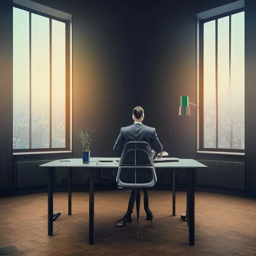 man sitting at his desk wearing a suit in an office, a woman stands near his desk wearing a dress, beautiful view of the city from his window, dramatic, dramatic lighting, volumetric lighting, hyperrealism, 8k, high quality, photorealistic, lot of details