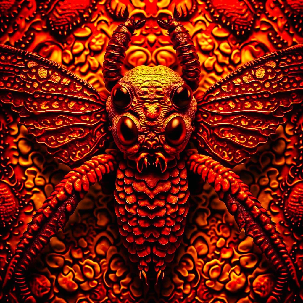 A national geographic award skin color patterned like a poisinous incect or reptile, horrorcore, science gone crazy, winning photograph of of a bat spider housefly hybrid in nature and on the hunt, 64k, reds, oranges, and yellows anatomically correct, 3d, organic surrealism, dystopian, photorealisitc, realtime, symmetrical, clean, 4 small compound eyes around two larger compound eyes, surrealism telephoto dynamic lighting 64 megapixels Unreal Engine volumetric lighting VRay