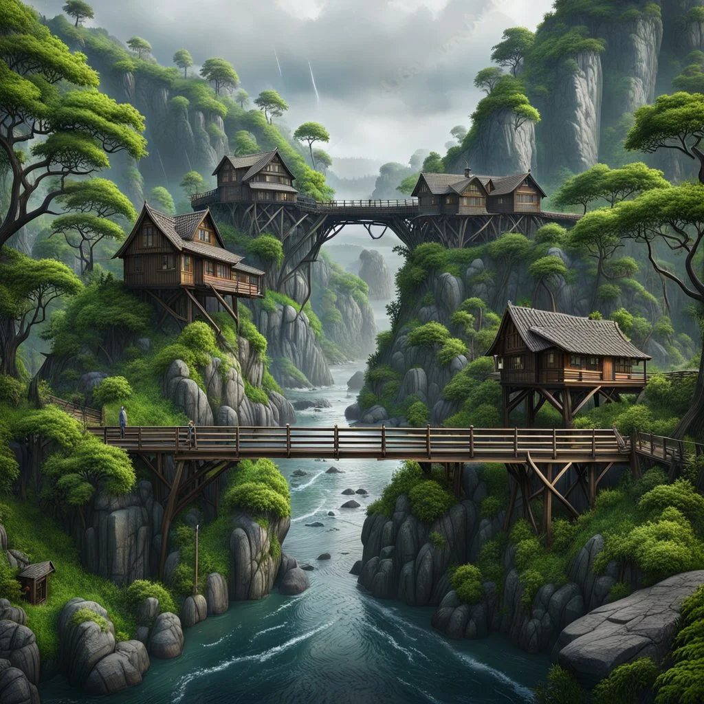 visible view from the side one old stunning wooden bridge connects the two gorge between two tall rocky shores, sprawling, tall dark trees on both shores, in the distance in the background little village made wooden houses on the rock,, rainy landscape, lush vegetation , tall thick alien trees, massive trees in landscape, high detailed, rainy day, high photorealistic, fantasy cinematic