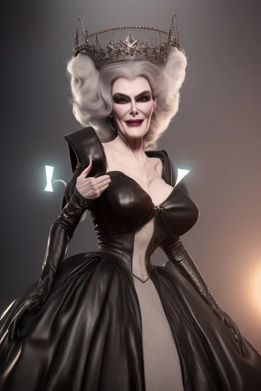 Carmen Dell`orifice as evil queen in black leather gown, angry, busty, curvey, cleavage, unreal 5, octane render,cinema4d, dynamic lighting, dramatic lighting, 4k, redshift render, highly detailed, hyper realistic