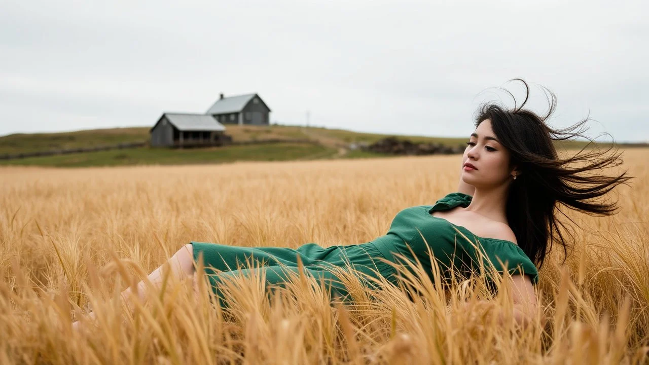 A woman in a green dress lies in a field of tall, golden grass, her dark hair blowing in the wind. In the distance, on a hill, are two gray wooden houses and a barn. The sky is gray and overcast.