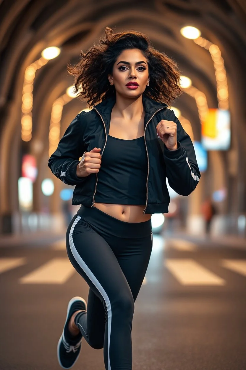 a modern city jewell lights , a beautiful fashion model lady with cute,curvy hair,makeup, in pretty sports suit is running in street ,dynamic camera fallow her inside cave capturing full body, dynamic lights.