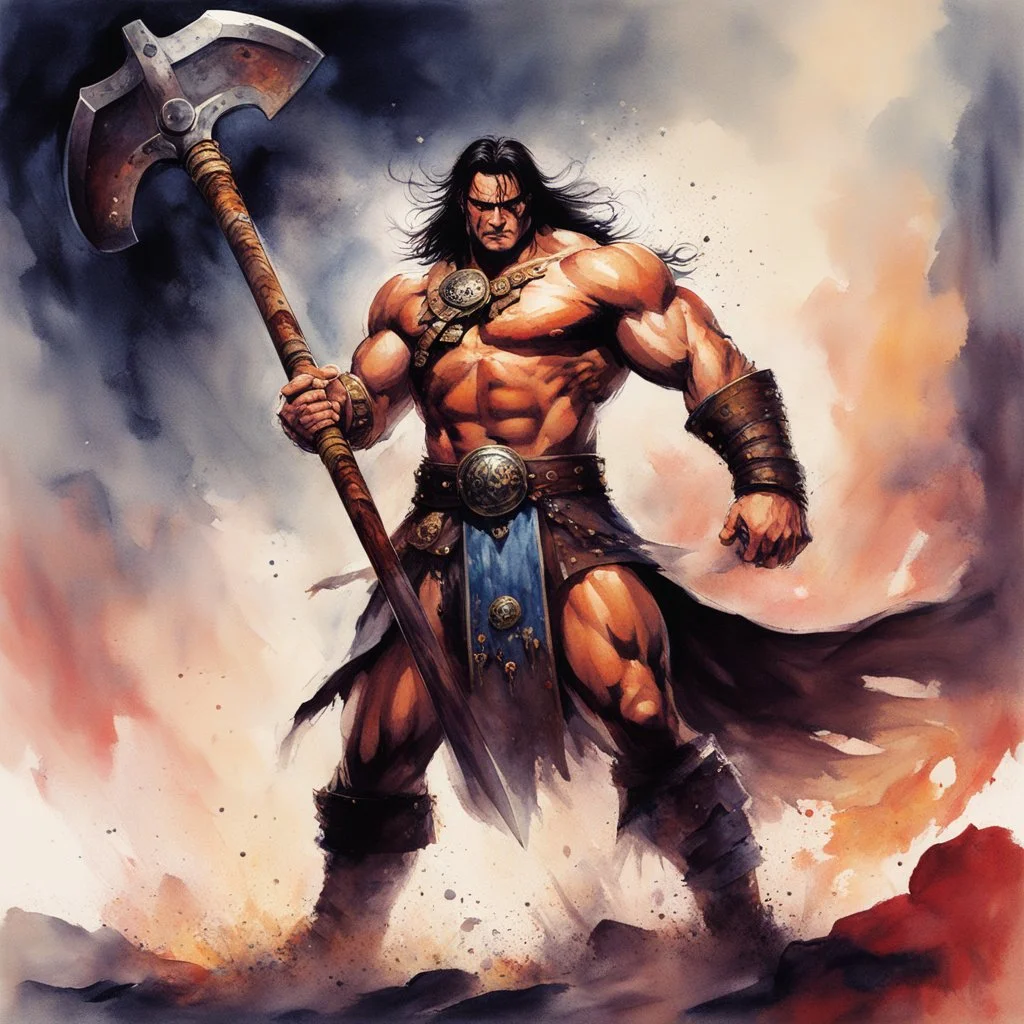 Aquarelle: Conan, mighty and fierce, grips his gigantic hammer, His hands firmly locked, ready to unleash its power. Strength and determination emanate from his stance, A force to be reckoned with, ready for the battle's dance.battles, and with his warhammer held ready, he is prepared to unleash his wrath upon any who dare to challenge him.