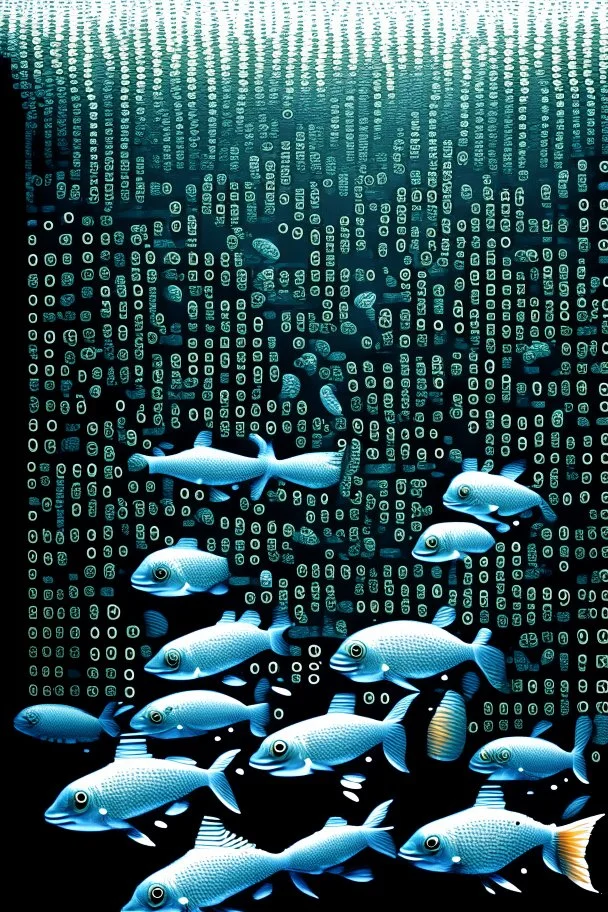 The artwork "school of ASCII fish swimming by" depicts a school of fish where each one is created from a less than sign, a greater than sign, and a less than sign on the computer keyboard "<><"