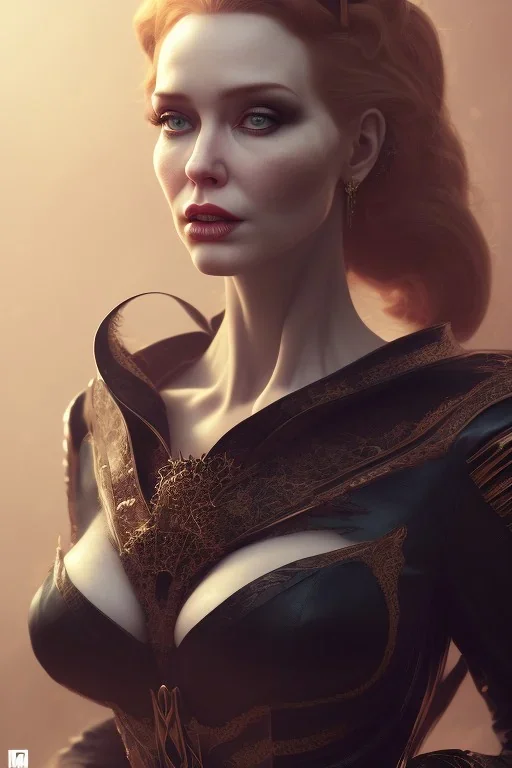 Christina Hendricks as evil queen in black leather, cleavage, angry, stern look. character design by cory loftis, fenghua zhong, ryohei hase, ismail inceoglu and ruan jia. unreal engine 5, artistic lighting, highly detailed, photorealistic, fantasy