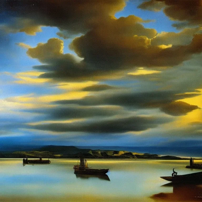 The river that flows under my tongue, the water no one imagines, my little boat, and, with the curtains drawn, let’s talk surrealism Salvador Dali matte background melting oil on canvas