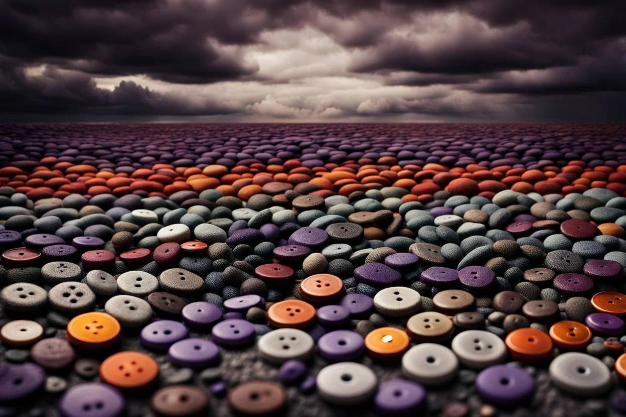 stunning stormy landscape with many little and big old linen buttons,abstract,minimalism fine lines geometric, rustic canvas, brown, purple, dark red , orange and black, deep colours, fantasy, high detailed, sharp focus, stunning, nice, masterpeace