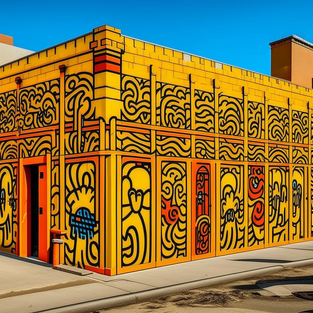 A yellowish orange colored electrical facility designed in African pottery painted by Keith Haring