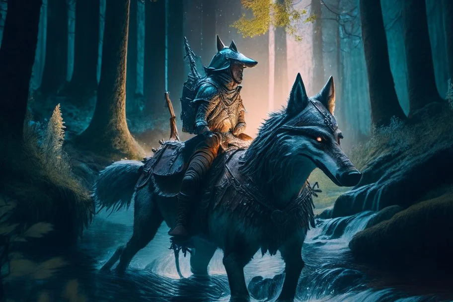 old photo of wolf rider from elf-quest, by moonlit forest by stream, book illustration, fine detail, 4k, trending, volumetric light, depth of field