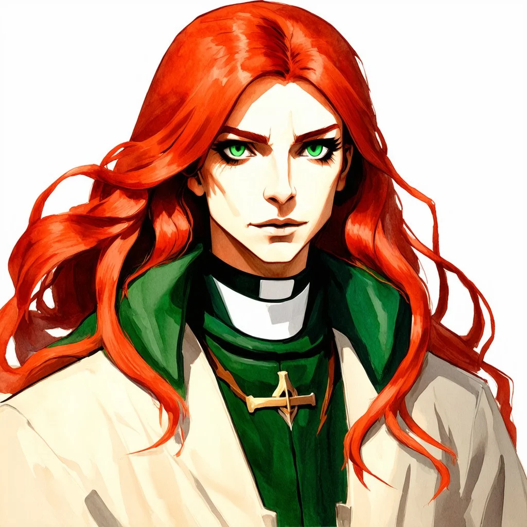 dnd, watercolour, illustration, portrait, rogue, long red hair, green eyes, radiant, priest