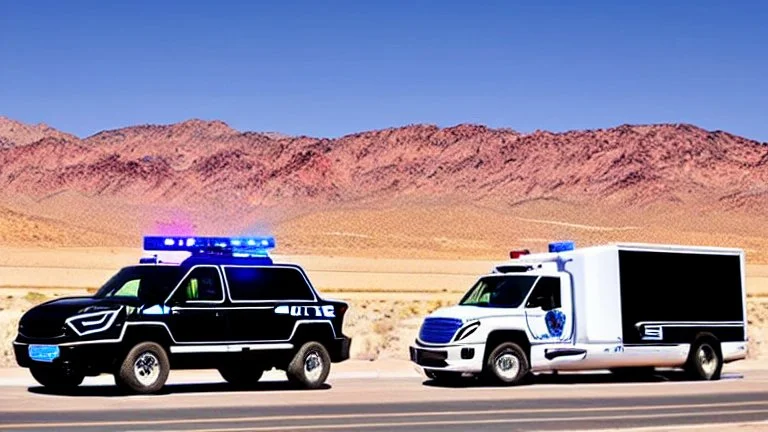 A police Tesla Cybertruck is chasing a Tesla 'Model S Plaid' at top speed, at the 'Lake Mead', in Nevada. CINEMATIC. WIDE ANGLE LENS.