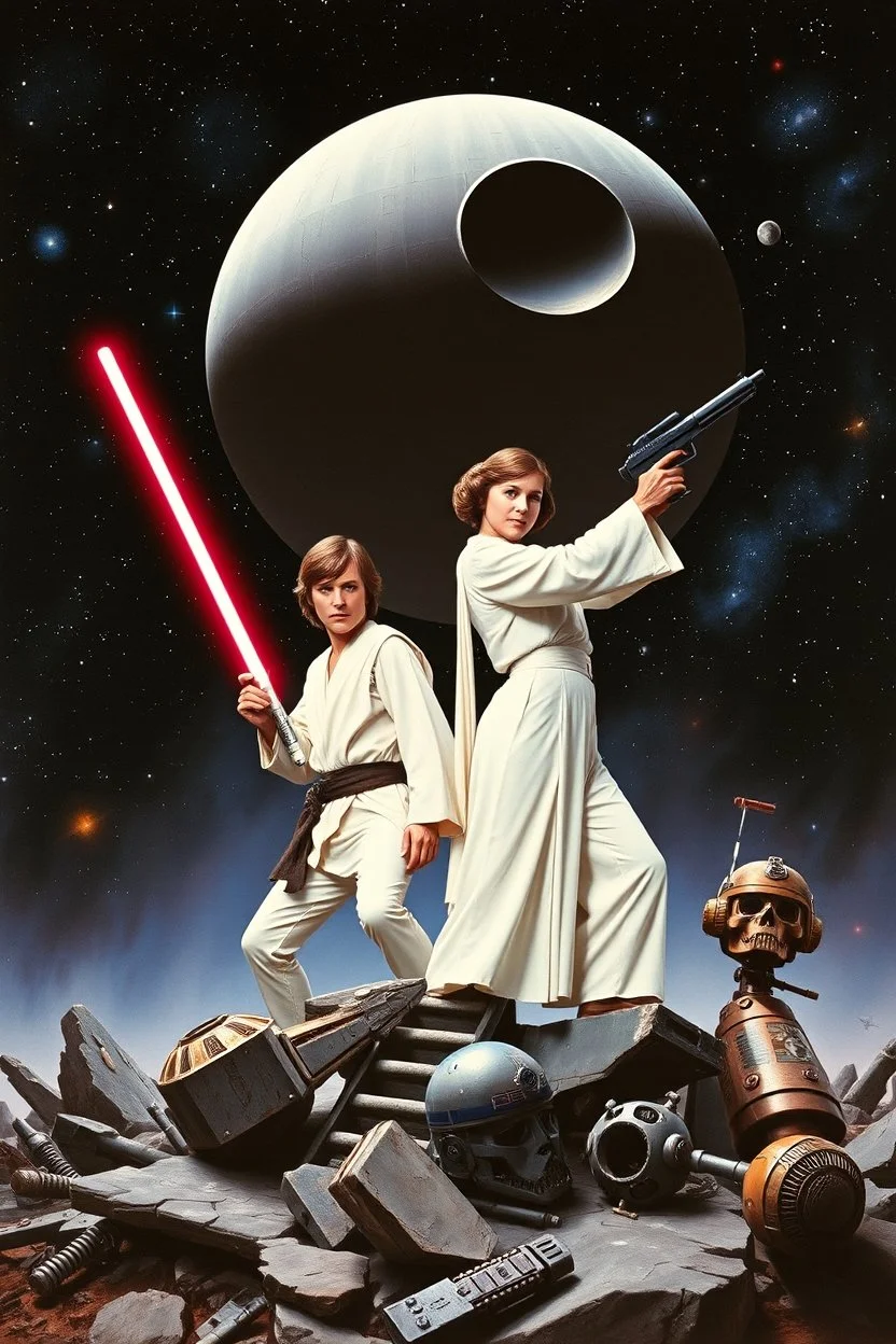 stars nebula and the Death Star large at top, in front in poses from the original star wars posters is Luke Skywalker with lightsaber and Princess Leia Organa with upward pointing raygun both in white clothing atop crumbling stone and broken parts of c-3po astromech and other droids