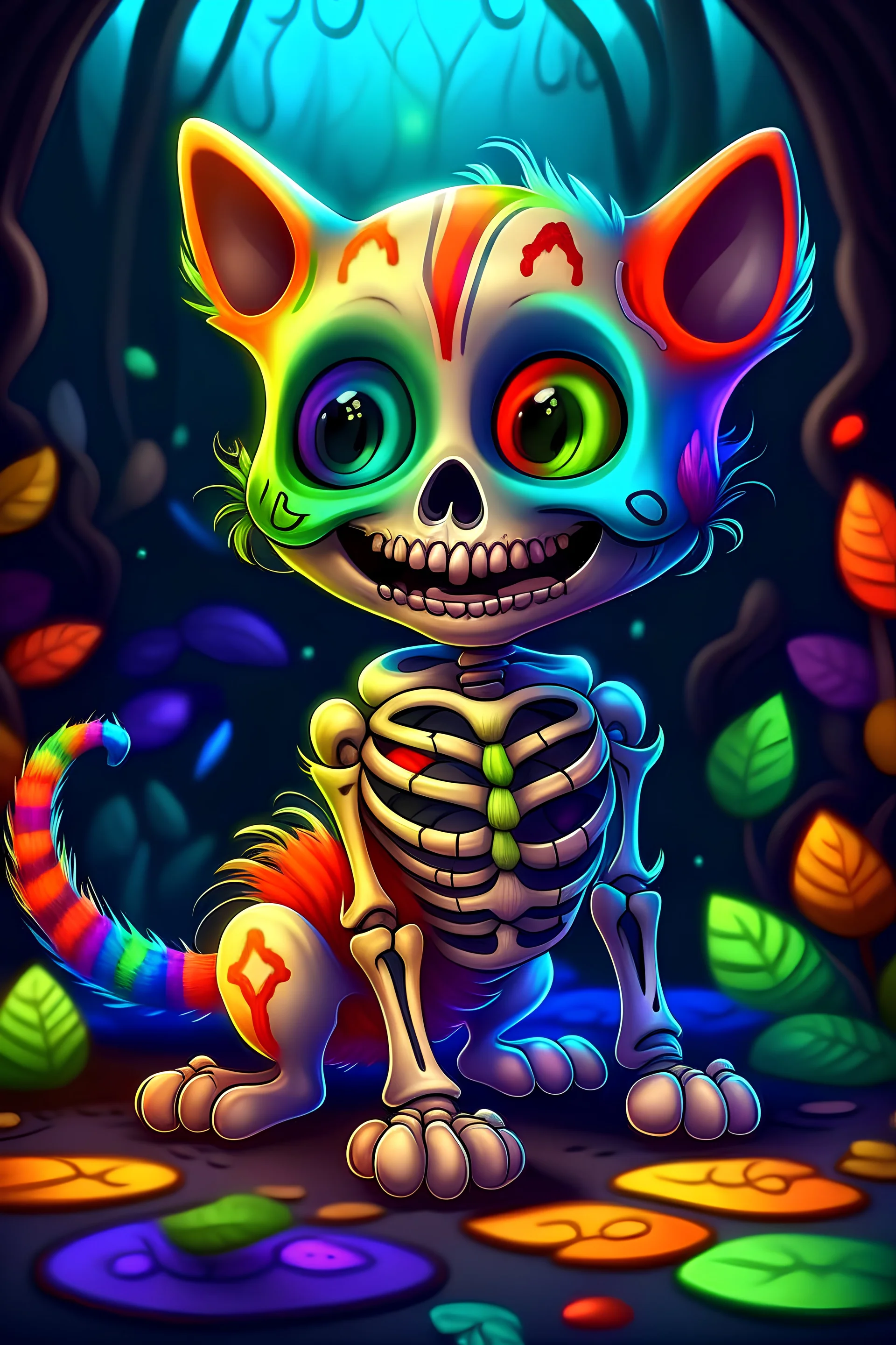 a digital painting of a cute colorful chibi skeleton cat, happy smiling, playing, intricate, detailed, matte painting, ink drawing, complex, storybook illustration, hyperrealistic