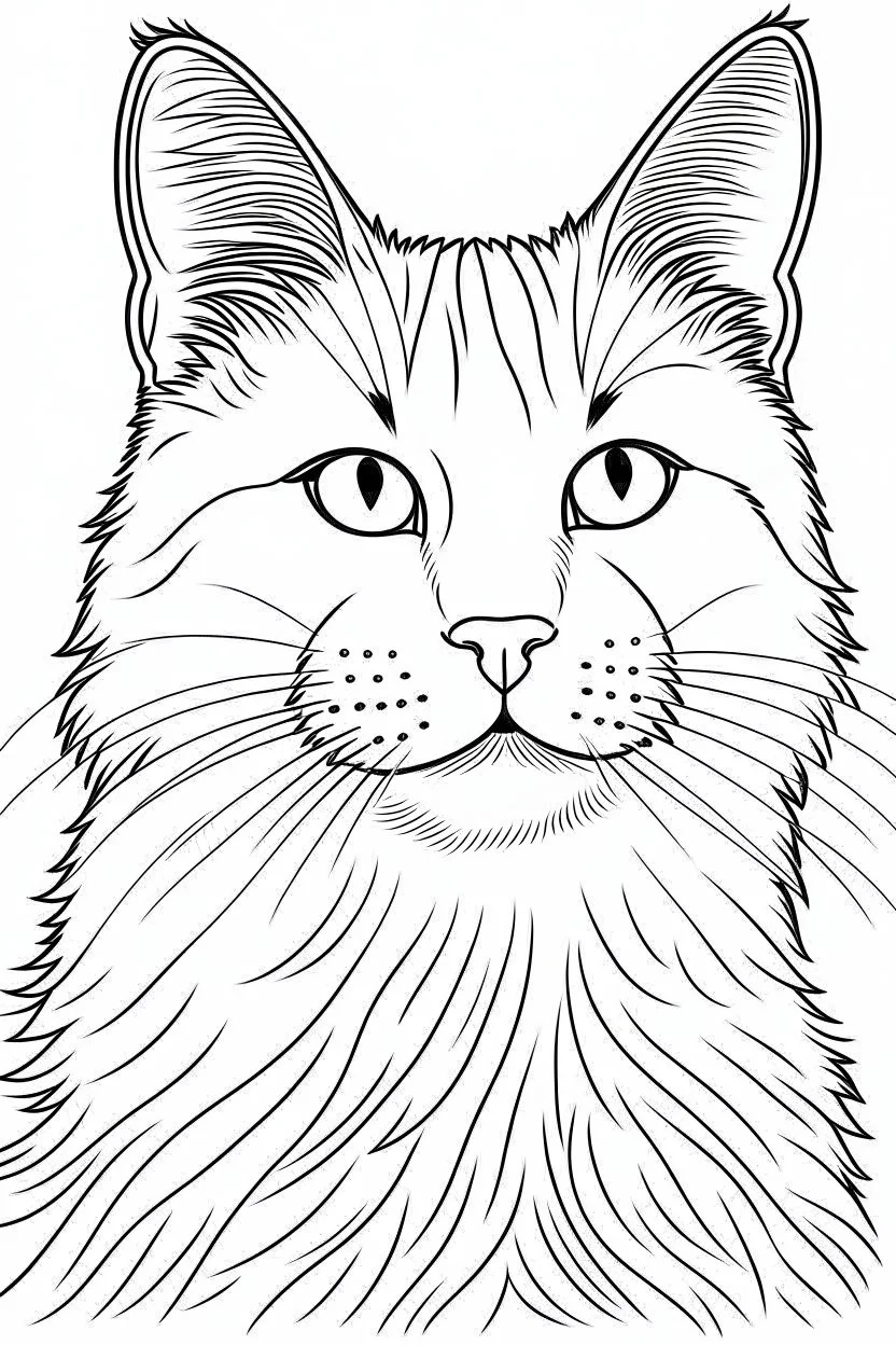 "A black and white line art illustration of a realistic [cat breed] in a coloring book style, with thick outlines defining the fur texture and simple shapes, on a plain white background." Examples: "A black and white line art illustration of a realistic golden retriever in a coloring book style, with thick outlines defining the fur texture and simple shapes, on a plain white background." "A black and white line art illustration of a realistic pug in a coloring book style, with thick outlines de