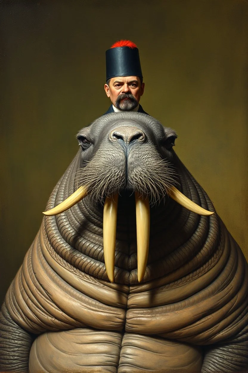 Mexican Hitler on a walrus that also looks like Hitler, painted by Rembrandt