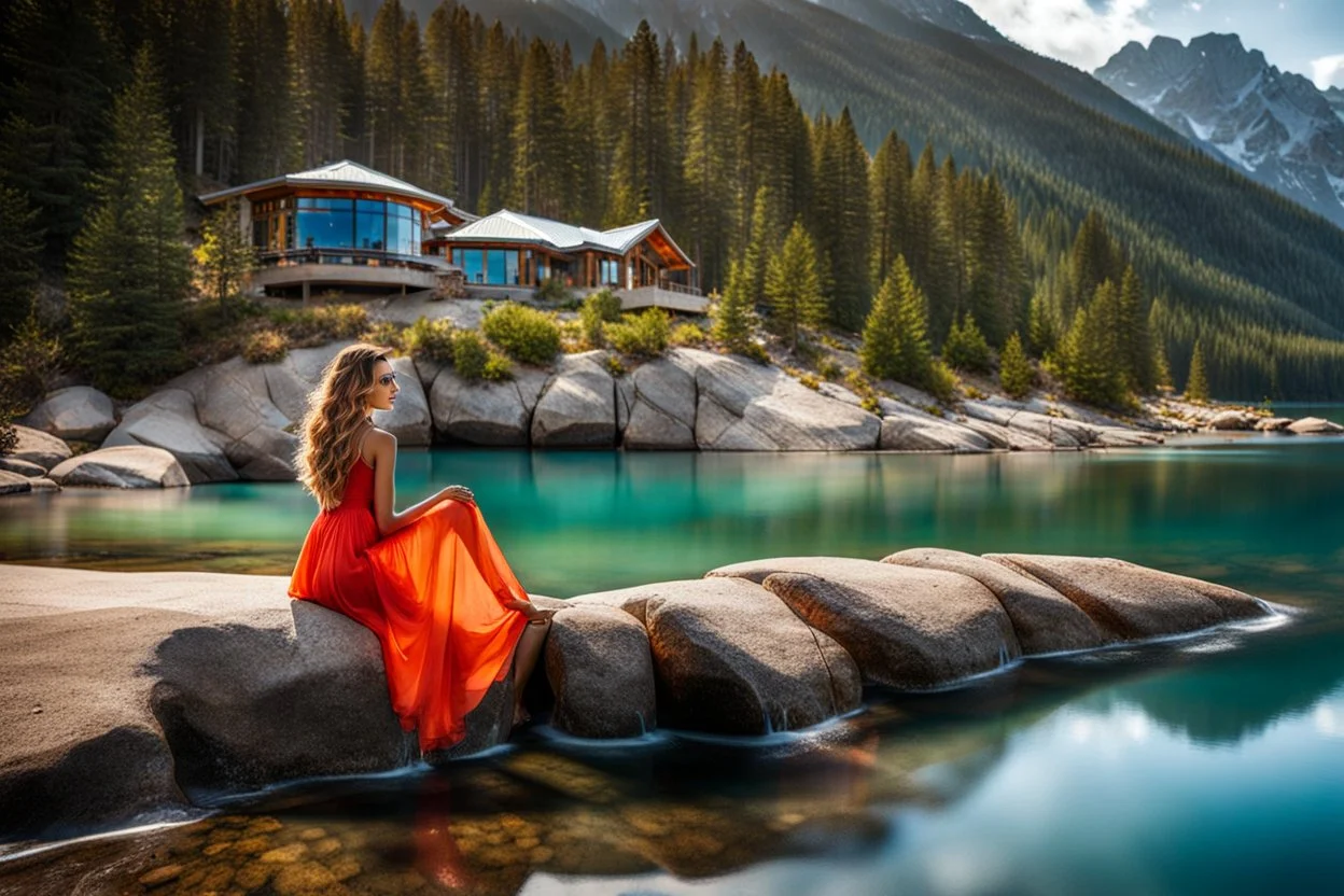 pretty dream houses in rocky mountain in wavy sea side,beautiful lady sitting on the rock her feet in water