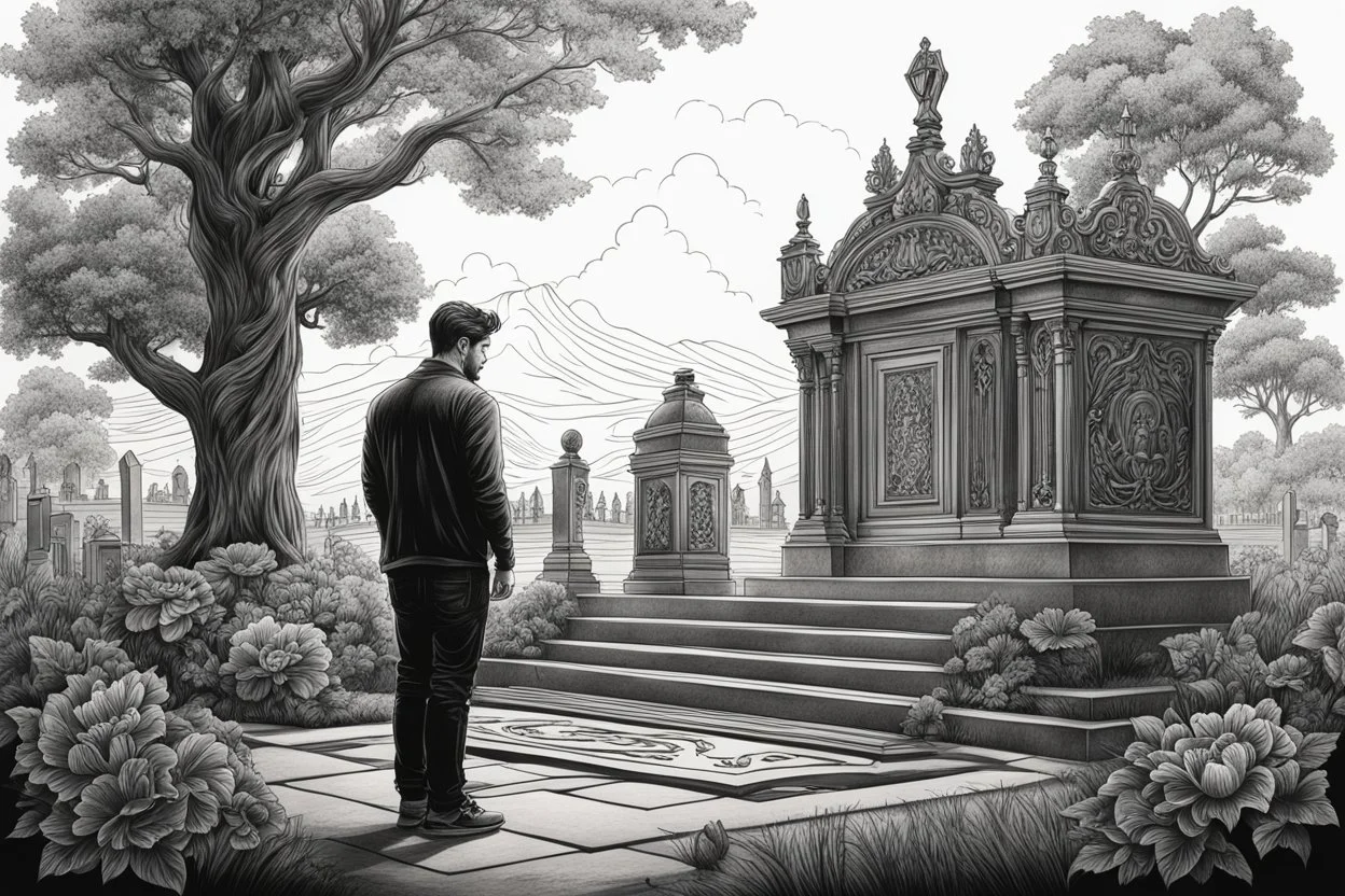 Man standing a front of his mom grave in 8k tattoo drawing style, out of the Frame, sad them, intricate details, highly detailed, high details, detailed portrait, masterpiece,ultra detailed, ultra quality